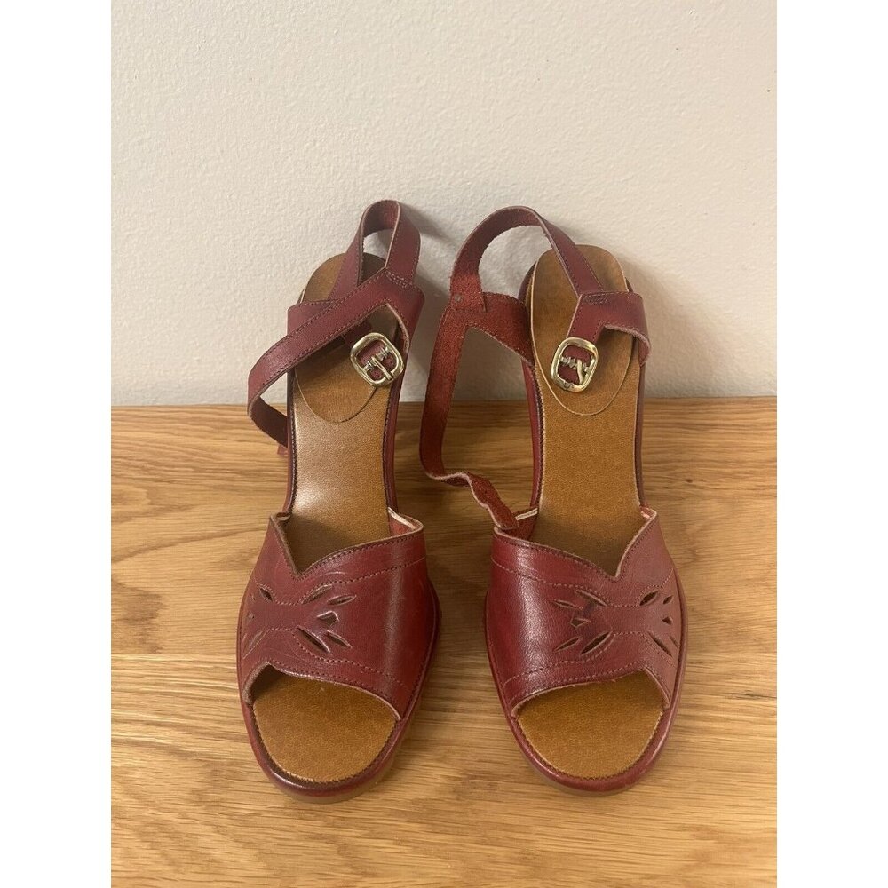 Vtg 70s Crawdads Open‎ Toed Heeled Sandals Size 6 Red leather *Read description*